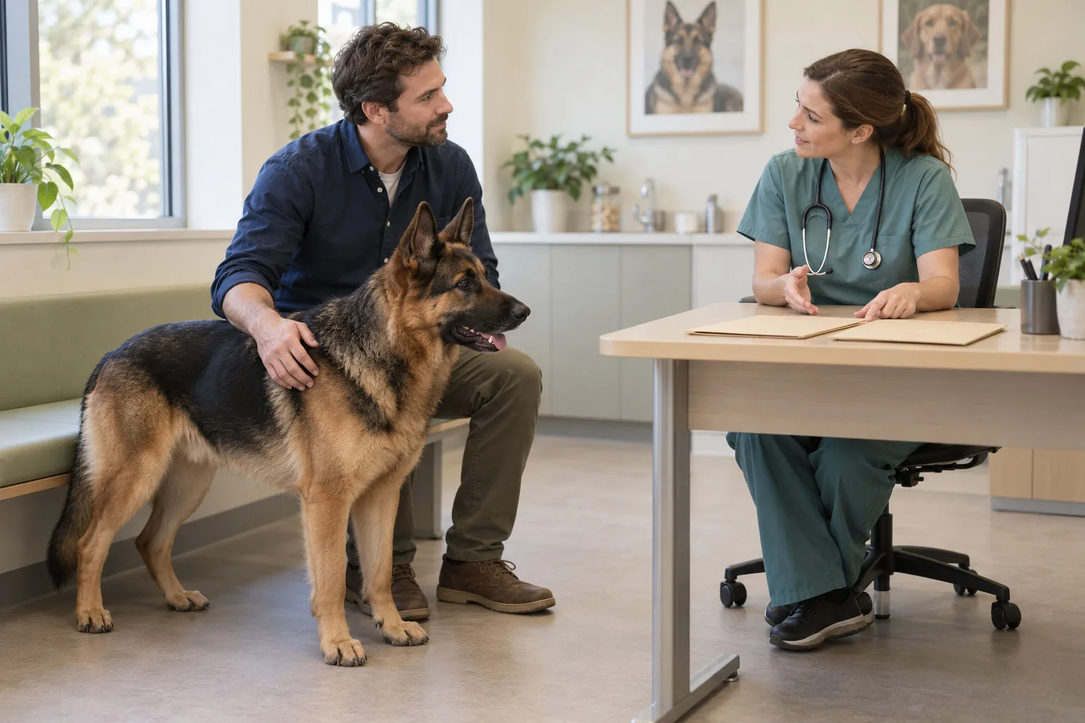 A dog beside its owner during a conversation at a veterinary clinic