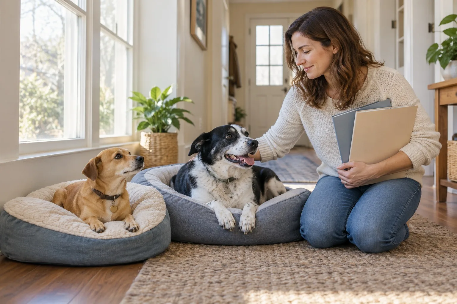 An owner reviews paperwork beside two dogs resting on separate beds